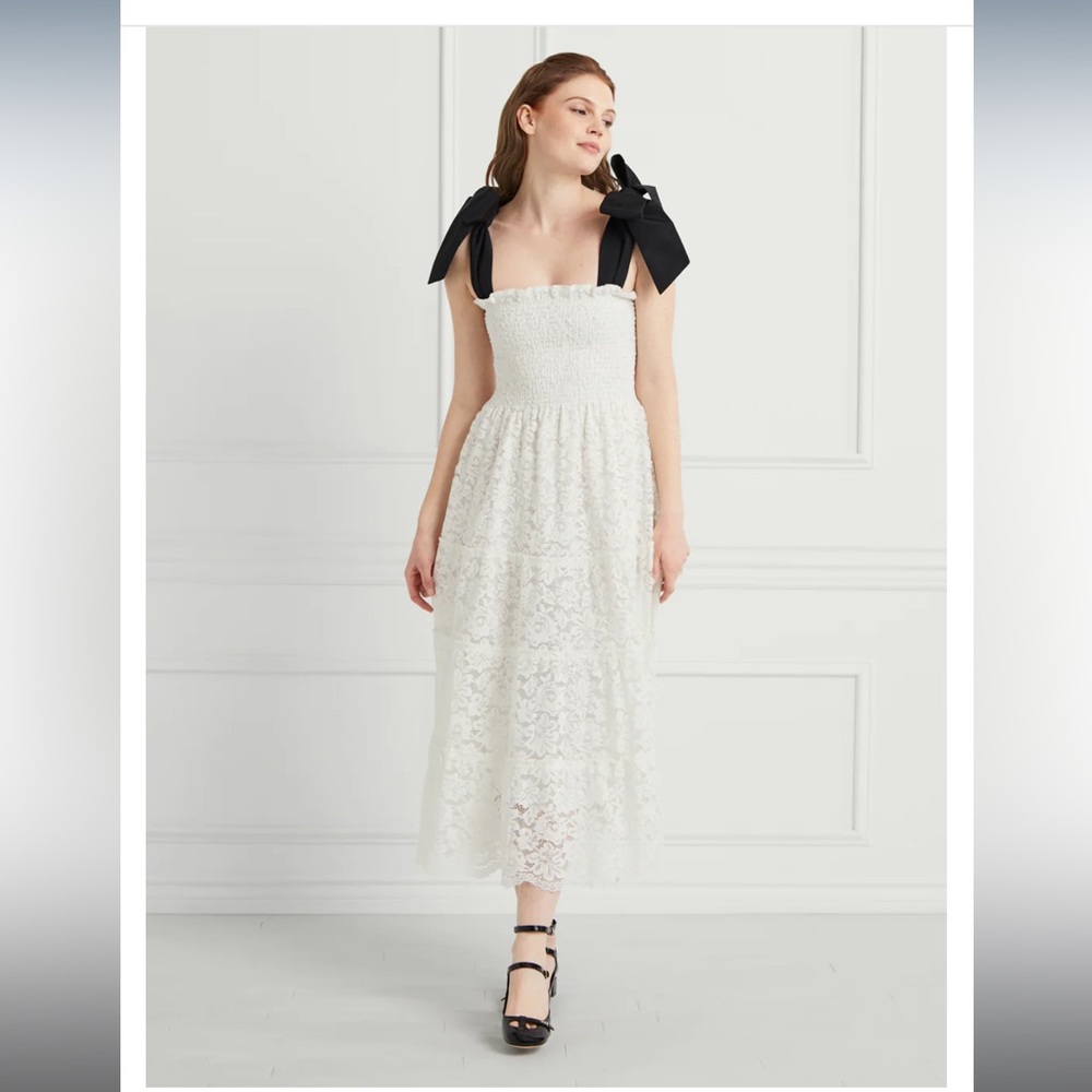 New with tags- hill house white lace dress with black bow shoulder ribbon